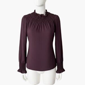 The Fold London Stretch Wool Dark Purple Smocked Neck Blouse Size 6